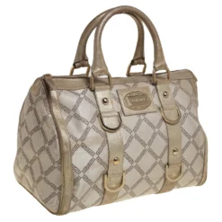 Versace Metallic Gold/Cream Signature Canvas And Leather Snap Out Of It Satchel For Women -Versace Official Website luxury women versace used handbags p447850 007