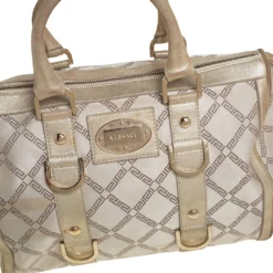 Versace Metallic Gold/Cream Signature Canvas And Leather Snap Out Of It Satchel For Women -Versace Official Website luxury women versace used handbags p447850 008