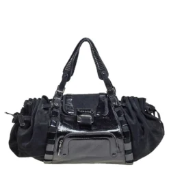 Versace Black Suede And Patent Leather Drawsting Satchel For Women