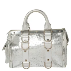Versace Silver Ostrich Embossed Leather Snap Out Of It Satchel For Women -Versace Official Website luxury women versace used handbags p448376 004