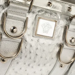 Versace Silver Ostrich Embossed Leather Snap Out Of It Satchel For Women -Versace Official Website luxury women versace used handbags p448376 005