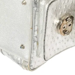Versace Silver Ostrich Embossed Leather Snap Out Of It Satchel For Women -Versace Official Website luxury women versace used handbags p448376 007