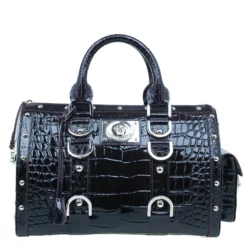 Versace Purple Croc Embossed Patent Leather Snap Out Of It Satchel Bag For Women