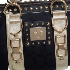 Versace Black Monogram Fabric And Leather Snap Out Of It Satchel For Women -Versace Official Website luxury women versace used handbags p450542 001