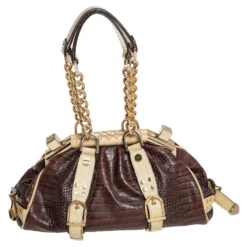 Versace Brown/Cream Croc Embossed Leather Madonna Satchel For Women -Versace Official Website luxury women versace used handbags p452461 005