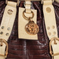 Versace Brown/Cream Croc Embossed Leather Madonna Satchel For Women -Versace Official Website luxury women versace used handbags p452461 006
