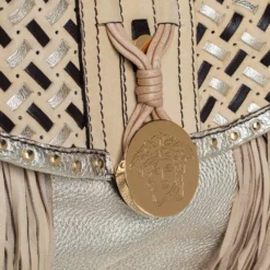 Versace Gold/Black Woven Leather Medusa Fringe Shoulder Bag For Women -Versace Official Website luxury women versace used handbags p453249 004