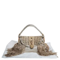Versace Gold/Black Woven Leather Medusa Fringe Shoulder Bag For Women -Versace Official Website luxury women versace used handbags p453249 006