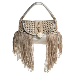 Versace Gold/Black Woven Leather Medusa Fringe Shoulder Bag For Women