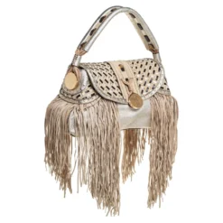 Versace Gold/Black Woven Leather Medusa Fringe Shoulder Bag For Women -Versace Official Website luxury women versace used handbags p453249 009