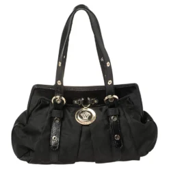 Versace Black Monogram Pleated Nylon And Patent Leather Medusa Frame Satchel For Women