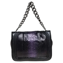 Versace Black/Metallic Purple Python, Leather And Suede Trim Medusa Chain Flap Shoulder Bag For Women -Versace Official Website luxury women versace used handbags p458312 008