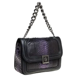 Versace Black/Metallic Purple Python, Leather And Suede Trim Medusa Chain Flap Shoulder Bag For Women -Versace Official Website luxury women versace used handbags p458312 009