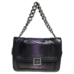Versace Black/Metallic Purple Python, Leather And Suede Trim Medusa Chain Flap Shoulder Bag For Women