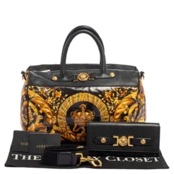 Versace Black/Gold Barroco Print Coated Canvas And Leather Medusa Icon Boston Bag For Women -Versace Official Website luxury women versace used handbags p458557 001