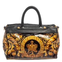 Versace Black/Gold Barroco Print Coated Canvas And Leather Medusa Icon Boston Bag For Women -Versace Official Website luxury women versace used handbags p458557 006