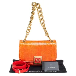 Versace Orange Embossed Python Leather Medusa Flap Shoulder Bag For Women -Versace Official Website luxury women versace used handbags p459952 006