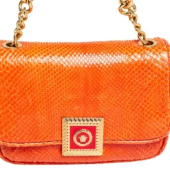 Versace Orange Embossed Python Leather Medusa Flap Shoulder Bag For Women -Versace Official Website luxury women versace used handbags p459952 009