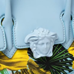 Versace Blue Leather And Desert Palm Print Fabric Palazzo Empire Satchel For Women -Versace Official Website luxury women versace used handbags p461466 004