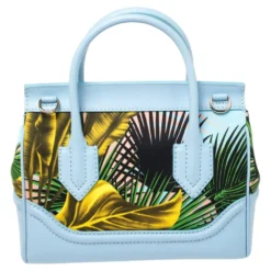 Versace Blue Leather And Desert Palm Print Fabric Palazzo Empire Satchel For Women -Versace Official Website luxury women versace used handbags p461466 005