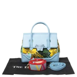 Versace Blue Leather And Desert Palm Print Fabric Palazzo Empire Satchel For Women -Versace Official Website luxury women versace used handbags p461466 006
