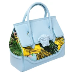 Versace Blue Leather And Desert Palm Print Fabric Palazzo Empire Satchel For Women -Versace Official Website luxury women versace used handbags p461466 007
