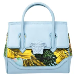 Versace Blue Leather And Desert Palm Print Fabric Palazzo Empire Satchel For Women
