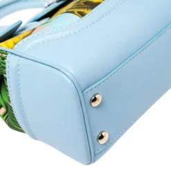 Versace Blue Leather And Desert Palm Print Fabric Palazzo Empire Satchel For Women -Versace Official Website luxury women versace used handbags p461466 009