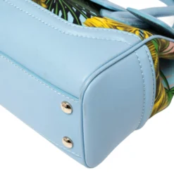 Versace Blue Leather And Desert Palm Print Fabric Palazzo Empire Satchel For Women -Versace Official Website luxury women versace used handbags p461466 011