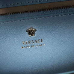 Versace Blue Leather And Desert Palm Print Fabric Palazzo Empire Satchel For Women -Versace Official Website luxury women versace used handbags p461466 012