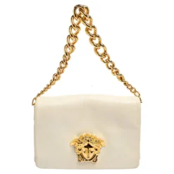 Versace White Leather Medusa Flap Shoulder Bag For Women