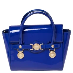 Versace Blue Patent Leather Medium Medusa Medallion Tote For Women