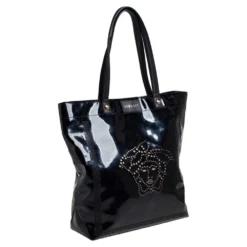 Versace Black Patent Leather Perforated Medusa Shopper Tote For Women -Versace Official Website luxury women versace used handbags p468608 006
