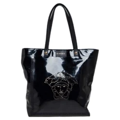 Versace Black Patent Leather Perforated Medusa Shopper Tote For Women