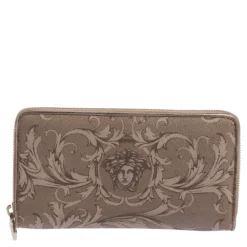 Versace Grey Barocco Print Coated Canvas Zip Around Wallet For Women