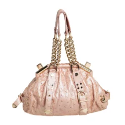 Versace Peach Ostrich Embossed Leather Madonna Satchel For Women -Versace Official Website luxury women versace used handbags p470153 011
