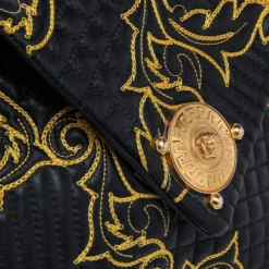 Versace Black/Yellow Barocco Leather Floral Stitch Top Handle Bag For Women -Versace Official Website luxury women versace used handbags p481163 006