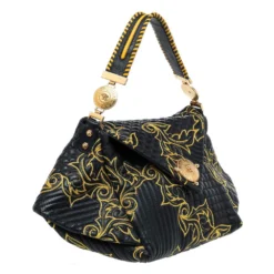 Versace Black/Yellow Barocco Leather Floral Stitch Top Handle Bag For Women -Versace Official Website luxury women versace used handbags p481163 007