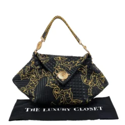 Versace Black/Yellow Barocco Leather Floral Stitch Top Handle Bag For Women -Versace Official Website luxury women versace used handbags p481163 008