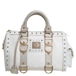 Versace Off White/Gold Monogram Fabric And Leather Snap Out Of It Satchel For Women