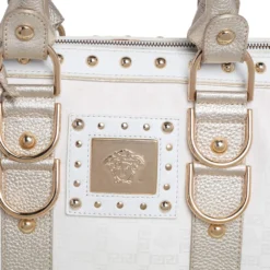 Versace Off White/Gold Monogram Fabric And Leather Snap Out Of It Satchel For Women -Versace Official Website luxury women versace used handbags p482961 011