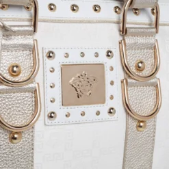 Versace Off White/Gold Monogram Fabric And Leather Snap Out Of It Satchel For Women -Versace Official Website luxury women versace used handbags p482961 012