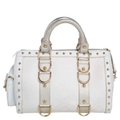 Versace Off White/Gold Monogram Fabric And Leather Snap Out Of It Satchel For Women -Versace Official Website luxury women versace used handbags p482961 013