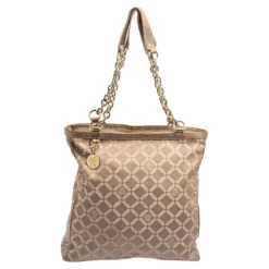 Versace Dark Beige Signature Fabric And Leather Chain Tote For Women
