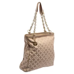 Versace Dark Beige Signature Fabric And Leather Chain Tote For Women -Versace Official Website luxury women versace used handbags p483323 005