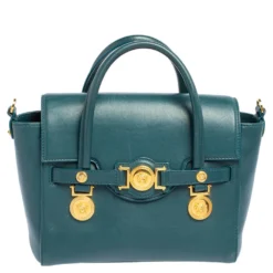 Versace Teal Green Leather Small Medusa Medallion Tote For Women