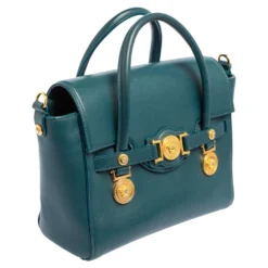 Versace Teal Green Leather Small Medusa Medallion Tote For Women -Versace Official Website luxury women versace used handbags p483438 006