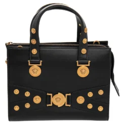 Versace Black Leather Medusa Embellished Tribute Tote For Women