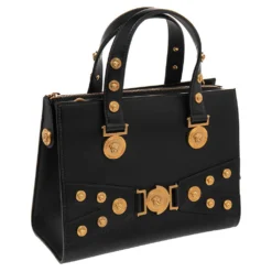Versace Black Leather Medusa Embellished Tribute Tote For Women -Versace Official Website luxury women versace used handbags p485984 010