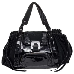 Versace Black Patent Leather And Suede Flap Tote For Women